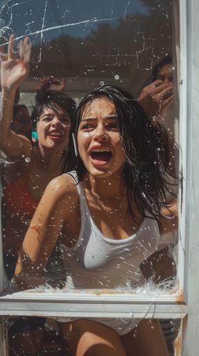 create hyper realistic high resolution side image of latina teen she is yelling on the phone of the age 18 looking out of a slide glass door of a house to the back yard. She is happy and has black hair and brown eyes, Behind her are a few people looking out the window. They are all excited. --ar 9:16 --v 6.0