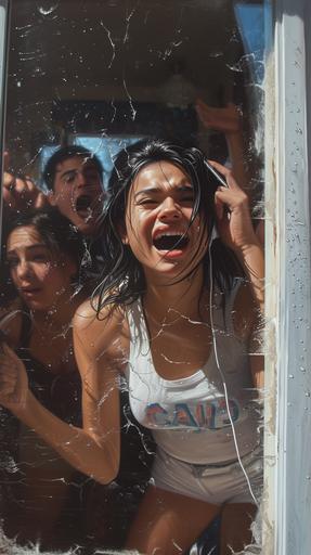 create hyper realistic high resolution side image of latina teen she is yelling on the phone of the age 18 looking out of a slide glass door of a house to the back yard. She is happy and has black hair and brown eyes, Behind her are a few people looking out the window. They are all excited. --ar 9:16 --v 6.0