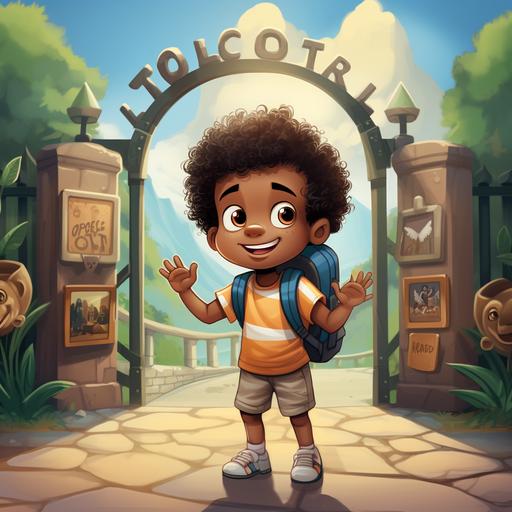 create illustration of a bright-eyed 4-year-old afro american boy with a backpack, stands excitedly at the entrance of the zoo. A large sign reads 