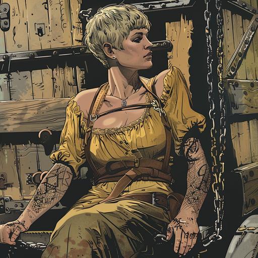 create in the style of a graphic novel. a woman with short blonde hair wearing a homespun dress is chained by her hands in the back of farm style wagon. her arms are covered in tattoos. She is talking to a medieval soldier
