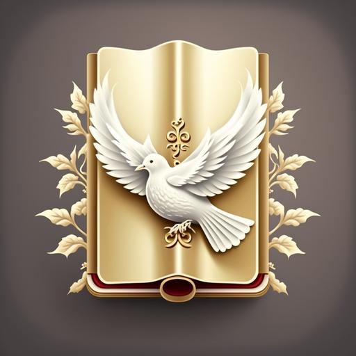 create logo: Bible book with dove and no word in gospel style