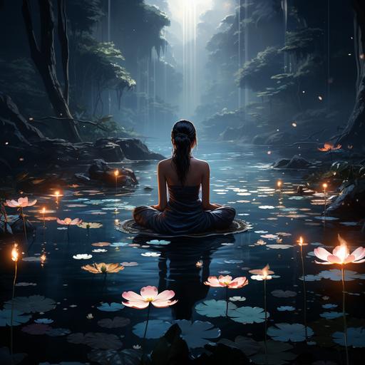 create me a 150 x 150 pixels watermark with a girl meditating in front of a lotus flower at night time blue colors , simple design chill 1 MB or smaller --s 750