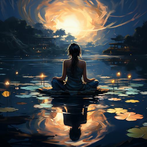 create me a 150 x 150 pixels watermark with a girl meditating in front of a lotus flower, simple design chill blue colors night time --s 750