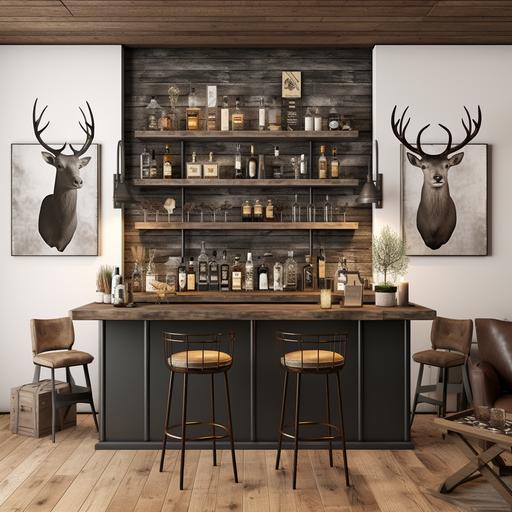 create me a modern farmhouse mountain cabin home featuring a downstairs bar in the home. Make the bar small but Moody. Put dark hardwood floor, dark I cabinets, wooden floating shelves that have a light glowing and displaying fancy whiskey bottles and stick a deer head in the middle of the bar area. The husband of the home is a hunter