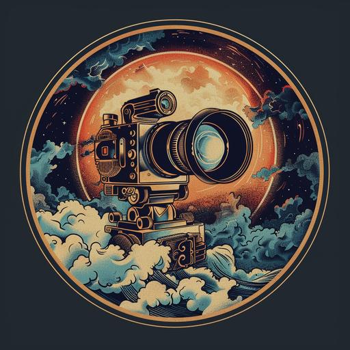 create me a round logo featuring a film and a stylized video camera --v 6.0