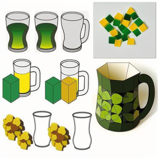 create pattern of 10 object below with characteristics: 1. Beer mug: Create a pattern of yellow and green beer mugs arranged in a symmetrical or repeating pattern, possibly with different shades of yellow and green to add depth. 2. Beer bottle: Incorporate a series of stylized beer bottles in green and yellow, possibly arranged in a row or placed randomly to create a dynamic feel. 3. Beer can: Add a series of cans with different shades of green and yellow, placed in a diagonal pattern, possibly with overlapping or blending colors for a modern and playful effect. 4. Beer pong table: Use a minimalist design to create a stylized beer pong table with simple lines and shapes, possibly in green and yellow with contrasting shades. 5. Beer coaster: Create a repeating pattern of beer coasters with yellow and green stripes or geometric shapes, possibly with different sizes and shapes for added interest. 6. Beer keg: Use a simple and stylized design to create a yellow and green beer keg with contrasting shades, possibly with subtle highlights and shadows for added depth. 7. Beer opener: Incorporate a stylized bottle opener design in a modern style, possibly with green and yellow accents, and arranged in a repeating pattern. 8. Beer t-shirt: Create a stylized t-shirt design with a beer-themed graphic, possibly featuring the company logo and a modern font in green and yellow. 9. Beer stein: Use a minimalist and stylized design to create a pattern of yellow and green beer steins arranged in a repeating pattern, possibly with subtle variations in size and shape. 10. Beer festival wristband: Incorporate a modern and sleek design to create a stylized beer festival wristband in green and yellow, possibly with a geometric or abstract pattern to add interest