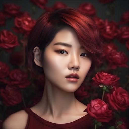 create photorealistic portrait, young asian woman with short textured hair, burgandy lipstick, studio lighting, surrounded by realistic rose flowers in shades of red, --v 5