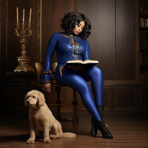 create plus size dark black women wearing royal blue and gold shirt with a poodle on it and pearls, jeans, royal blue and gold sneakers, full body image, standing reading a book