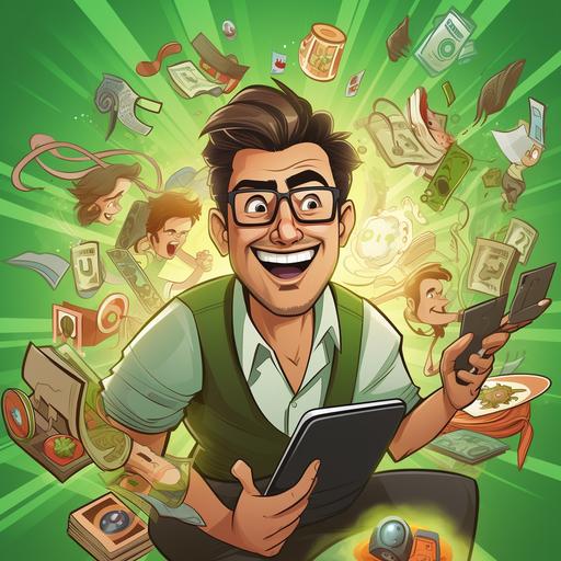 create profile picture, green background, hooked on efficiency, more money, cartoon , multitasking, family