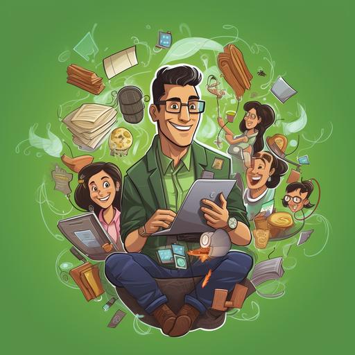 create profile picture, green background, hooked on efficiency, more money, cartoon , multitasking, family