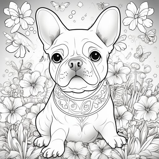 create realistic black and white coloring pages featuring a French Bulldog in a psychedelic landscape. Visualize the charming Frenchie exploring a surreal and vibrant world, blending the unique personality of the Bulldog with the kaleidoscopic allure of psychedelic art. Capture intricate details in the French Bulldog's fur, ensuring a realistic depiction that reflects the texture and distinctive features of the breed. Place the Frenchie in various surreal scenes, perhaps surrounded by swirling patterns, psychedelic flowers, or playful geometric shapes. Incorporate elements of the psychedelic landscape, such as vibrant colors, abstract shapes, and intricate patterns, to create a detailed and mesmerizing backdrop. Emphasize the Bulldog's expressions, balancing curiosity and charm against the surreal setting. Provide a satisfying coloring experience by maintaining a thoughtful balance of open spaces for coloring and intricate details. This black and white coloring page is designed to transport artists into a dreamlike and delightful journey, celebrating the French Bulldog's presence in a psychedelic wonderland