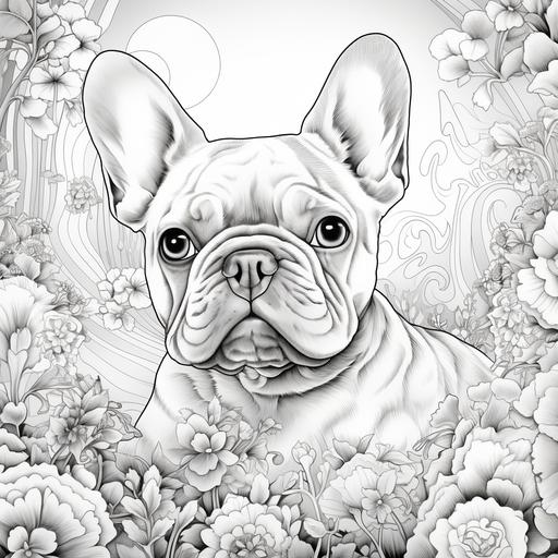 create realistic black and white coloring pages featuring a French Bulldog in a psychedelic landscape. Visualize the charming Frenchie exploring a surreal and vibrant world, blending the unique personality of the Bulldog with the kaleidoscopic allure of psychedelic art. Capture intricate details in the French Bulldog's fur, ensuring a realistic depiction that reflects the texture and distinctive features of the breed. Place the Frenchie in various surreal scenes, perhaps surrounded by swirling patterns, psychedelic flowers, or playful geometric shapes. Incorporate elements of the psychedelic landscape, such as vibrant colors, abstract shapes, and intricate patterns, to create a detailed and mesmerizing backdrop. Emphasize the Bulldog's expressions, balancing curiosity and charm against the surreal setting. Provide a satisfying coloring experience by maintaining a thoughtful balance of open spaces for coloring and intricate details. This black and white coloring page is designed to transport artists into a dreamlike and delightful journey, celebrating the French Bulldog's presence in a psychedelic wonderland