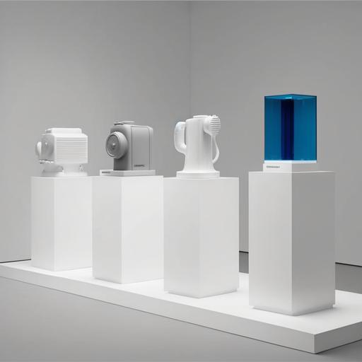 create similar all white photo with white podiums in a line in a clean and minimalistic way. On top of each podium is placed a metal vintage vacuum cleaner from nilfisk as the display