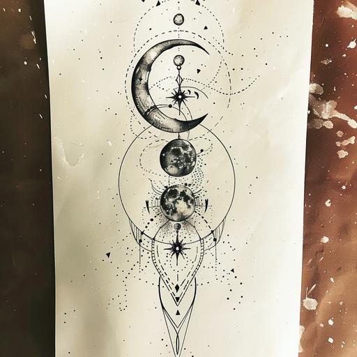 create simple tattoo on paper, moon phases, drawing, lines, sketch, halftone, watercolor, s550 --v 6.0