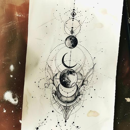 create simple tattoo on paper, moon phases, drawing, lines, sketch, halftone, watercolor, s550 --v 6.0