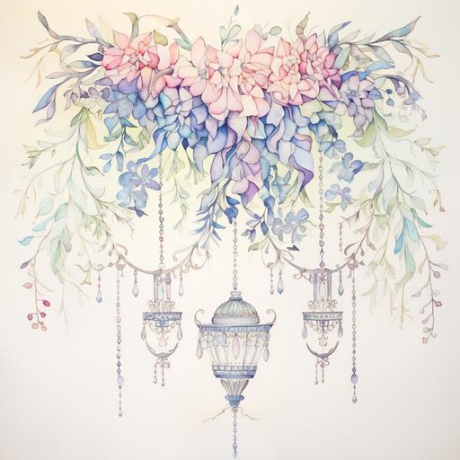 create the cover page of a modern indian wedding invite. water colour on offwhite paper. pastel colours. use floral, arch and chandelier elements