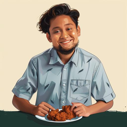 create this father and son eating fried chicken on a plate in cartoon style both wearing blue coloured shirts   --s 250 --v 6.0
