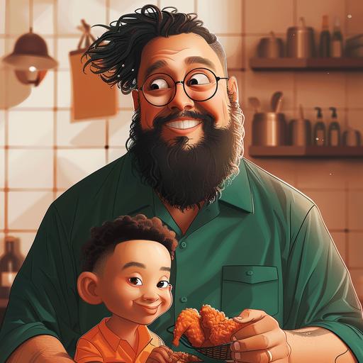 create this guy with a son eating fried chicken in cartoon style  --s 250