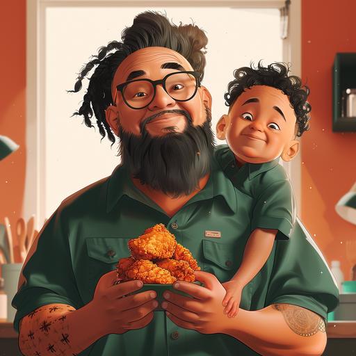 create this guy with a son eating fried chicken in cartoon style  --s 250 --v 6.0