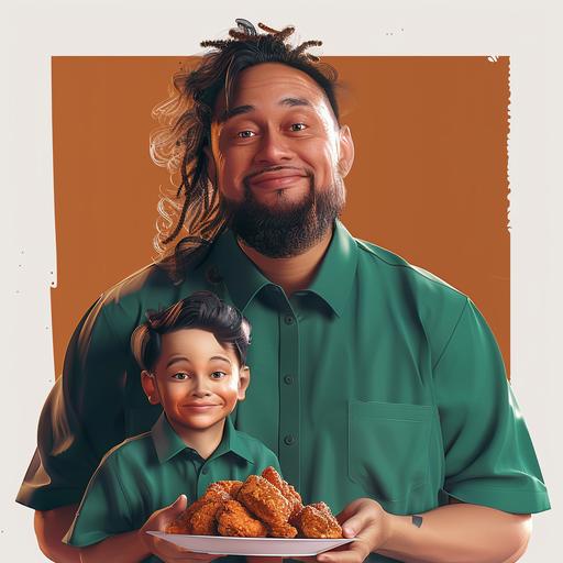 create this guy with a son eating fried chicken on a plate in cartoon style  --s 250
