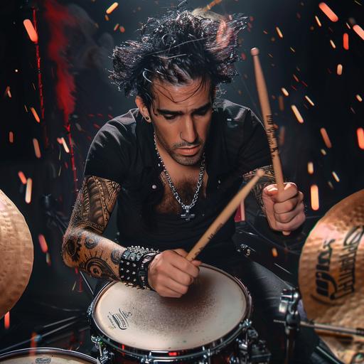 create this man photo realistic, sony fx3, shooting, drumer, skuniy black hair, drummer, rock and roll, shooting, record label, music, photoshtoot, tatoo, plays the drums in a band . --v 6.0