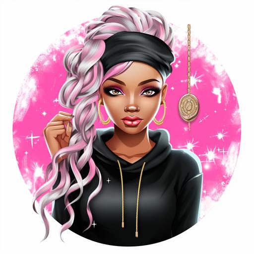 create vibrant and saturated hints of shimmer circular logo with the colors black white silver with a 3d cartoon style beautiful dark melanin woman with long lashes and makeup black locs wearing a pink hoodie with black jeans lashes with diamond earrings, logo inlcudes a silver tumbler, cricut, laptop a stack of shirts, white background