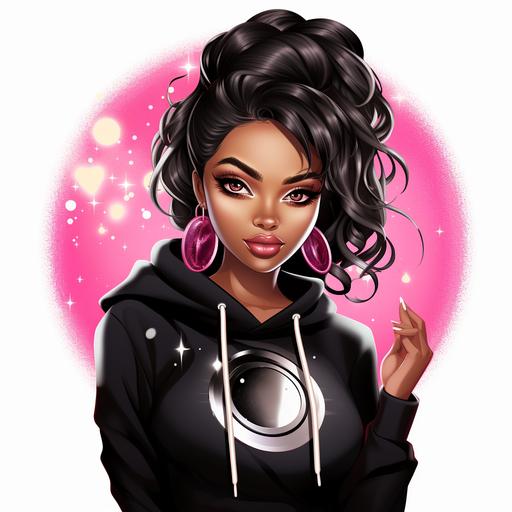 create vibrant and saturated hints of shimmer circular logo with the colors black white silver with a 3d cartoon style beautiful dark melanin woman with long lashes and makeup black locs wearing a pink hoodie with black jeans lashes with diamond earrings, logo inlcudes a silver tumbler, cricut, laptop a stack of shirts, white background