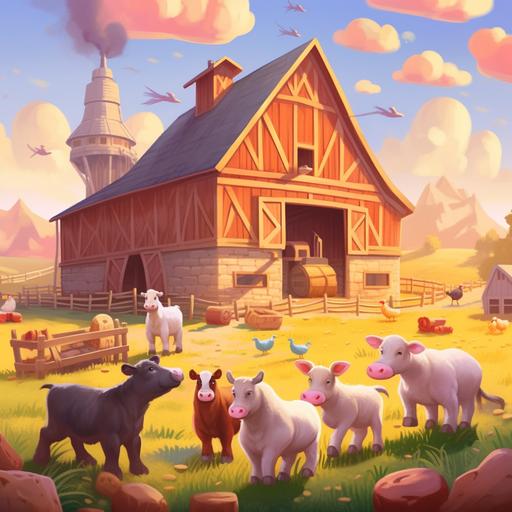 create vibrant illustration of farm animals and barn