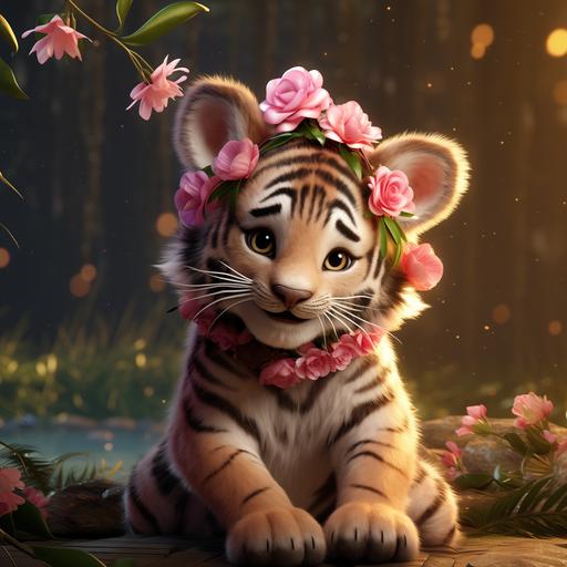create wild one woodland animated baby tiger with a pink flower garland on the head