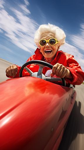 created an image of a 95-year-old granny, with a big smile, driving a red Ferrari racing car at very high speed., extremely detailed, 8k, highly detailed, shot with Nikon Reflex D3200, natural Lighting, natural colors, hyperrealistic, real photo, --ar 9:16