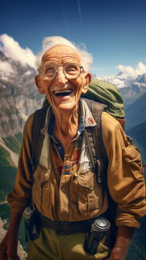created an image of a ridiculous 95-year-old man, with a wide, toothless smile, dressed in hiking gear, standing in front of a mountain landscape. , 8k, highly detailed, shot with Nikon Reflex D3200, natural Lighting, natural colors, hyperrealistic, real photo, --ar 9:16