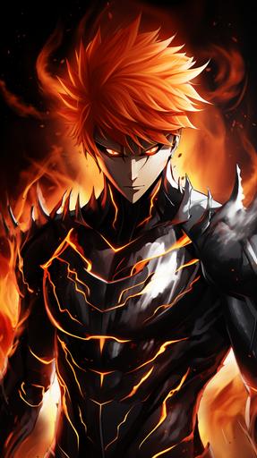 creates a new character which is the fusion between Iron-man and Ichigo (Bleach). The fusion must seem real, we must have a single character that takes on the characteristics of Iron-man (armor) and Bleach (sabre, orange hair). The character must be frightening and must appear cruel. --ar 9:16