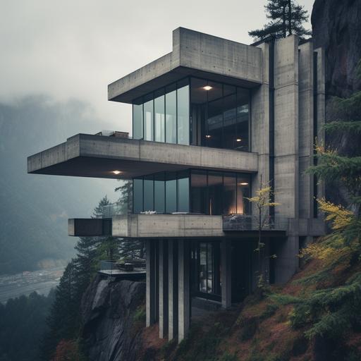 creates a photograph of an incredible, brutalist house on a mountain, with high ceilings, the windows should be closed with protective curtains. --v 5.2