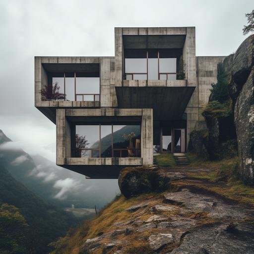 creates a photograph of an incredible, brutalist house on a mountain, with high ceilings, square windows and rough textures, the windows should be closed with protective curtains. --v 5.2