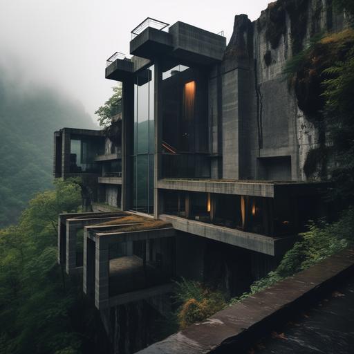 creates a photograph of an incredible, brutalist house on a mountain, with high ceilings, the windows should be closed with protective curtains. --v 5.2