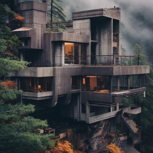 creates a photograph of an incredible, brutalist house on a mountain, with high ceilings, square windows and rough textures. --v 5.2