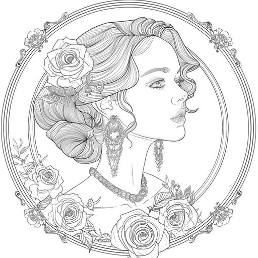 adult coloring book page, no shading, highly detailed, no color, white background, art deco girl wearing intricate jewelry, vector illustration, large round art nouveau frame with roses, — ar 3:4