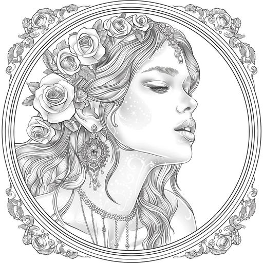 adult coloring book page, no shading, highly detailed, no color, white background, art deco girl wearing intricate jewelry, vector illustration, large round art nouveau frame with roses, — ar 3:4