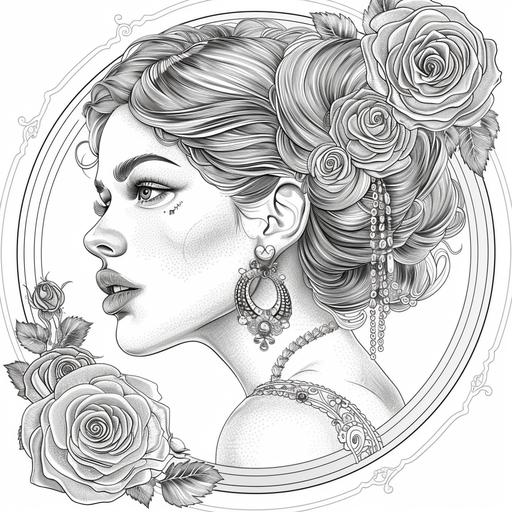 adult coloring book page, no shading, highly detailed, no color, white background, art deco girl wearing intricate jewelry, vector illustration, large round art nouveau frame with roses, — ar 3:4