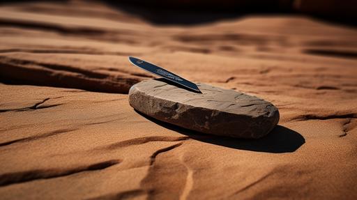 a flat stone that is rather large in size on a brown sand with a carving tool next to the stone. Picture is photorealistic, ultra real image. Shot with a Nikon Z fc   16-50mm f/2.8L II APS-C lens, Resolution 20.9 megapixels, ISO 100, Shutter speed 1/11 second. --ar 16:9