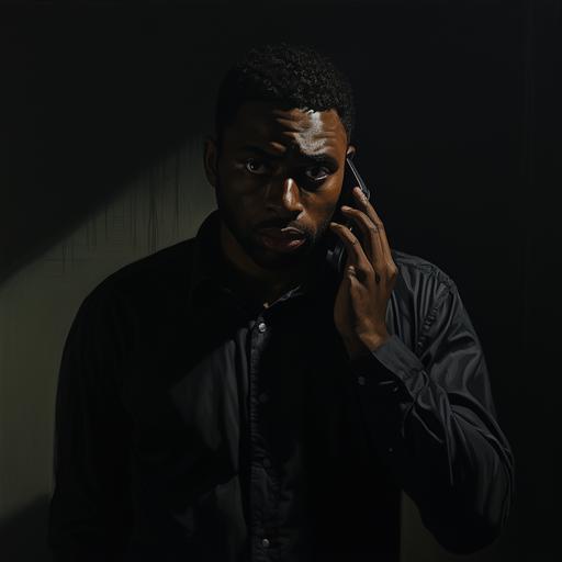 a realistic ominous image of a dark, shadowy figure of a black man talking on the phone