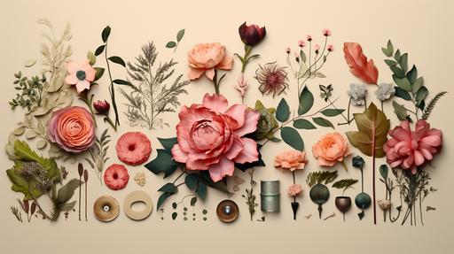 creative corporate design in earthtones, olive, pink, spanish pink flowers, ink pots, ink, paintbrushes, spanish style --ar 16:9