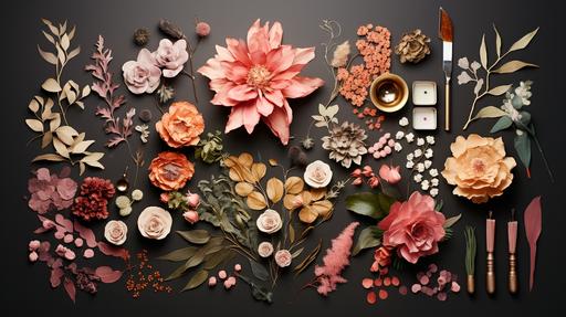 creative corporate design in earthtones, olive, pink, spanish pink flowers, ink pots, ink, paintbrushes, spanish style --ar 16:9