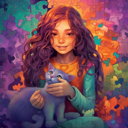 creative fantasy, a little girl with long hair, with a cat smiling, created out of orange, purple, turquoise, lime green and pink puzzle pieces, hyper realistic