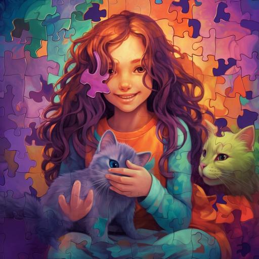 creative fantasy, a little girl with long hair, with a cat smiling, created out of orange, purple, turquoise, lime green and pink puzzle pieces, hyper realistic