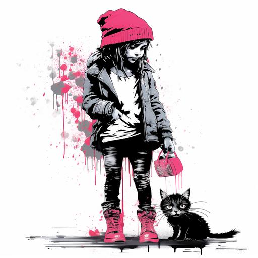 creative little cute girl with a cat. stencil based on banksy style