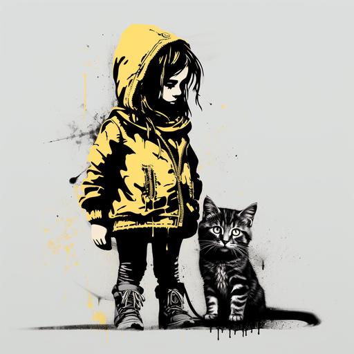 creative little cute girl with a cat. stencil based on banksy style