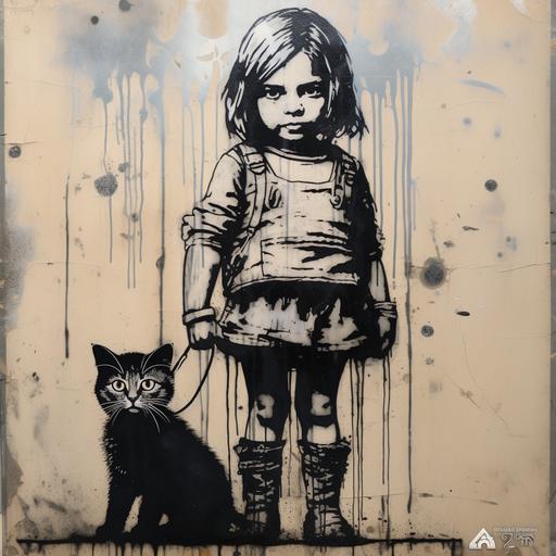 creative little girl with a cat stencil based on banksy style