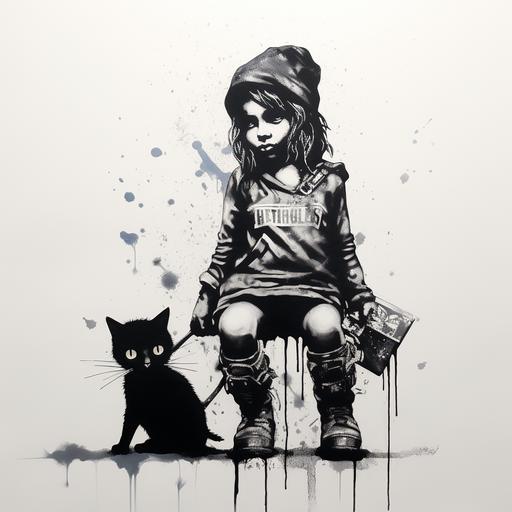 creative little girl with a cat stencil based on banksy style