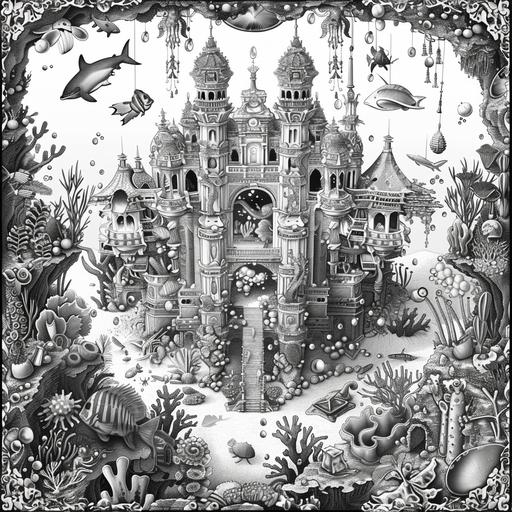 creaye a deatiled black and white colring page featuring Underwater Palace: Depict an underwater palace made of coral and sea glass, surrounded by colorful marine life, mermaids, and hidden treasures scattered across the ocean floor